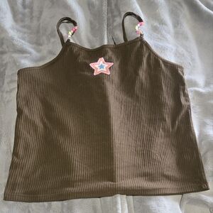 Brown Ribbed Tank Top with Star Patch
